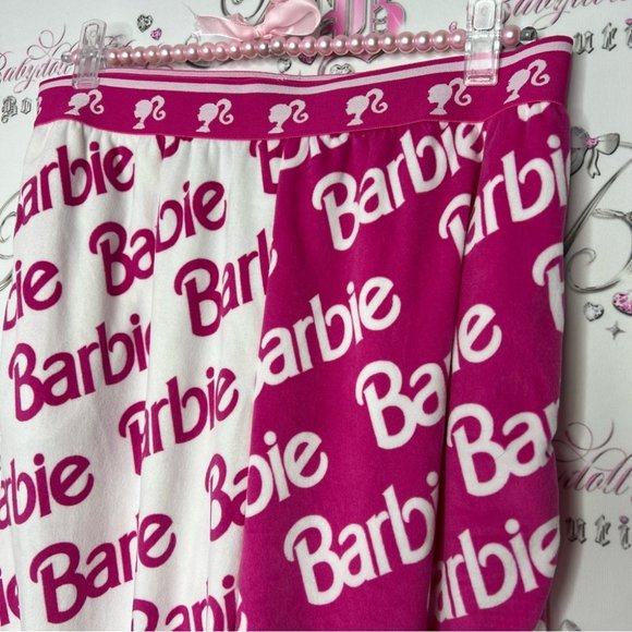 Barbie pants soft velour feel fabric cozy pink white half half one leg different - Picture 2 of 10